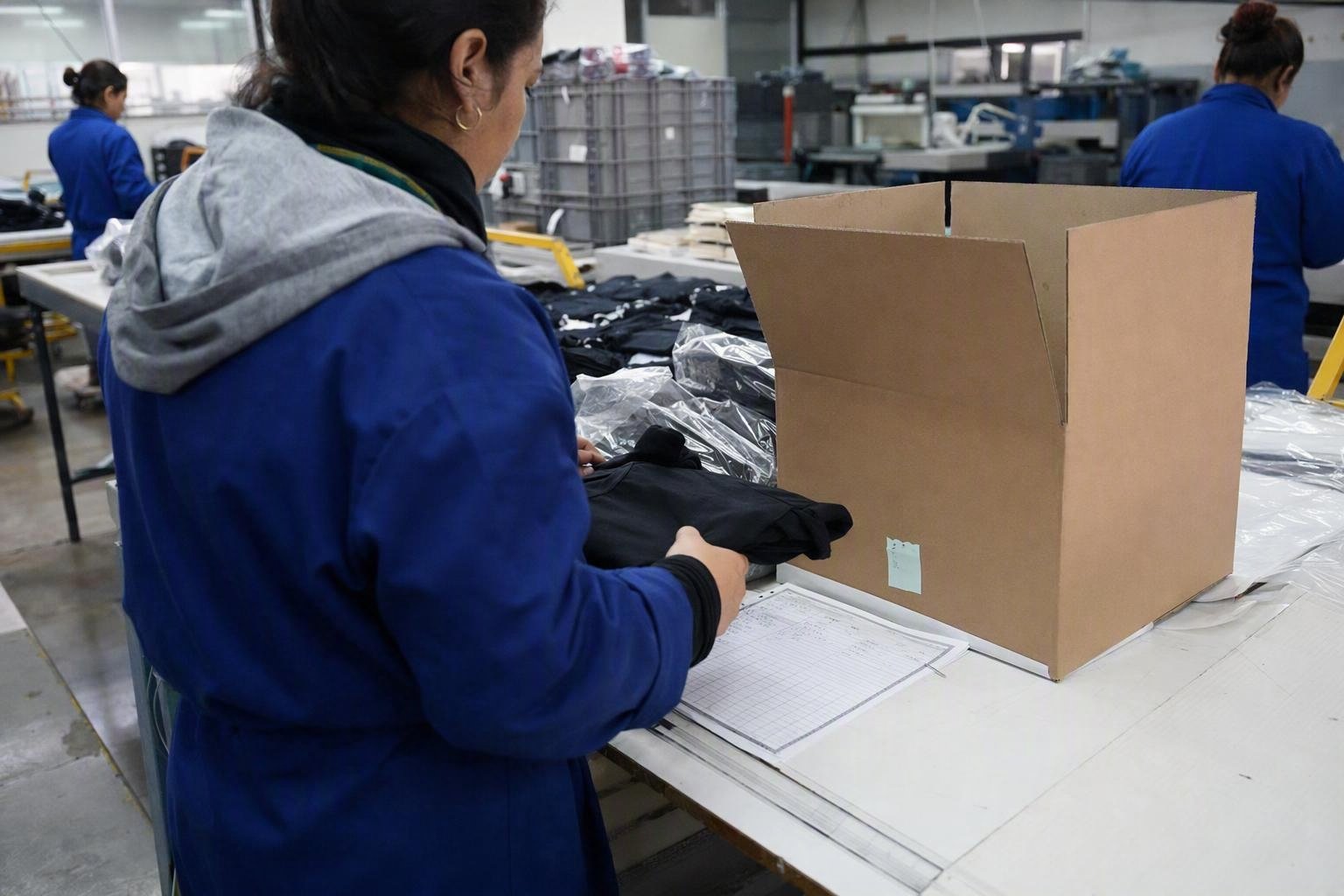 Au poste de colisage, une opératrice rapproche les tailles pliées, l’étiquette du carton et la liste détaillée avant la fermeture du colis.