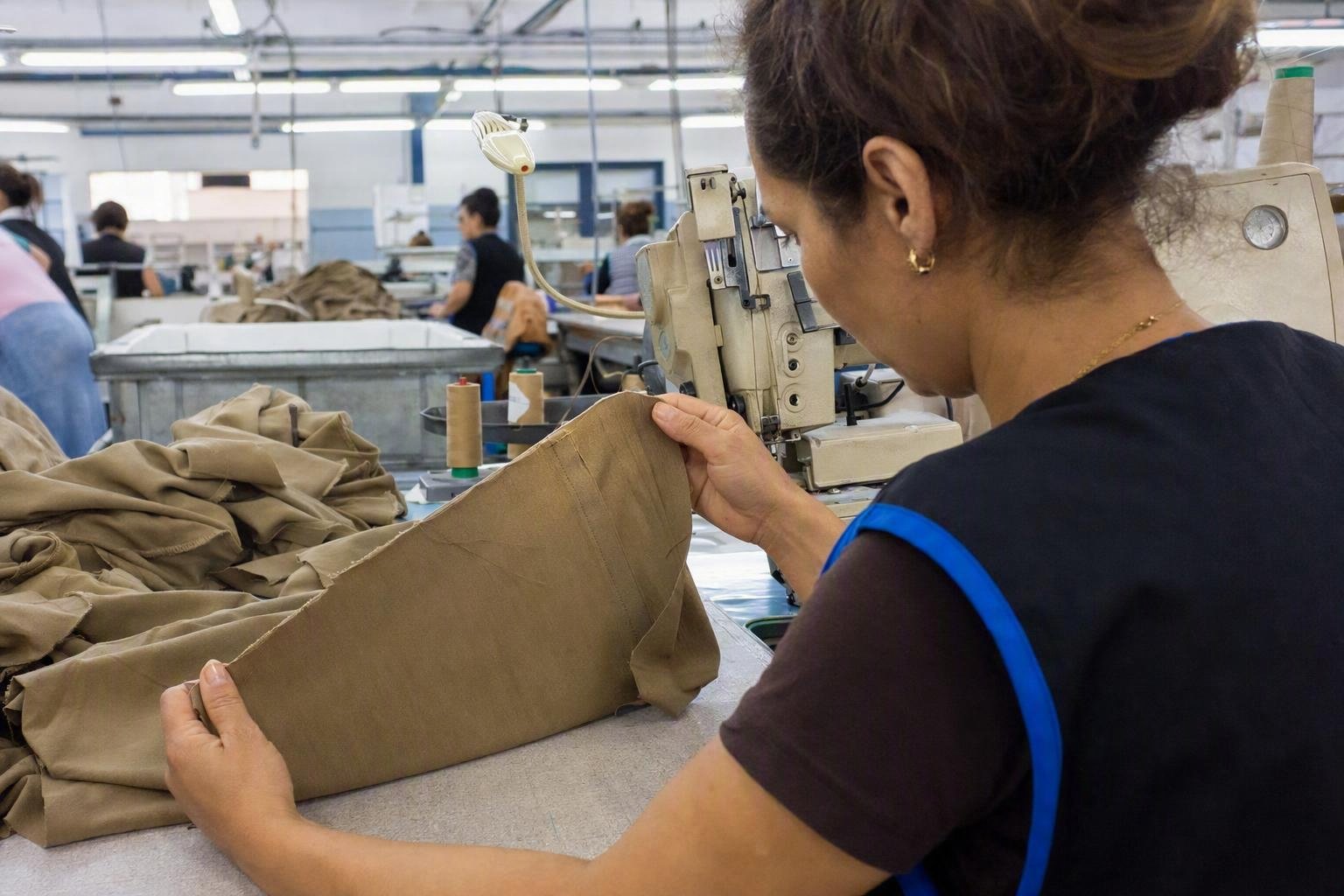 Une contrôleuse vérifie au poste la largeur de couture, la régularité du point et la conformité d’un paquet avant sa poursuite dans la chaîne.