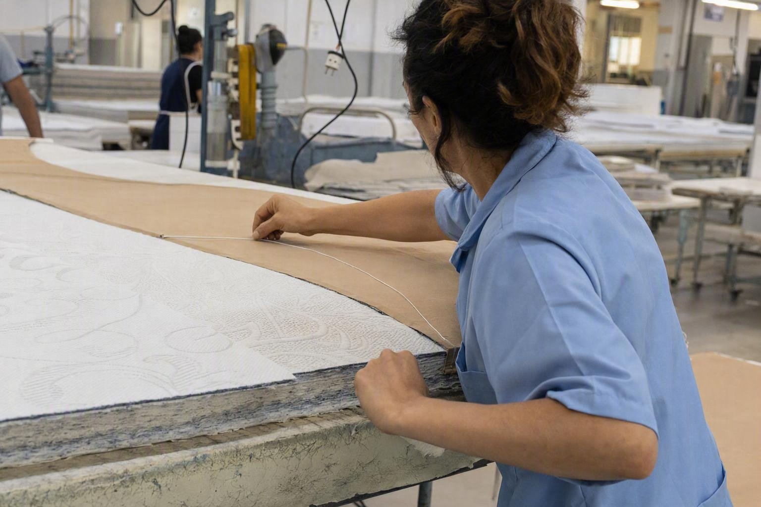 Une opératrice contrôle l’alignement de la ligne de droit-fil d’un patron avec la structure du tissu avant la découpe du matelas.