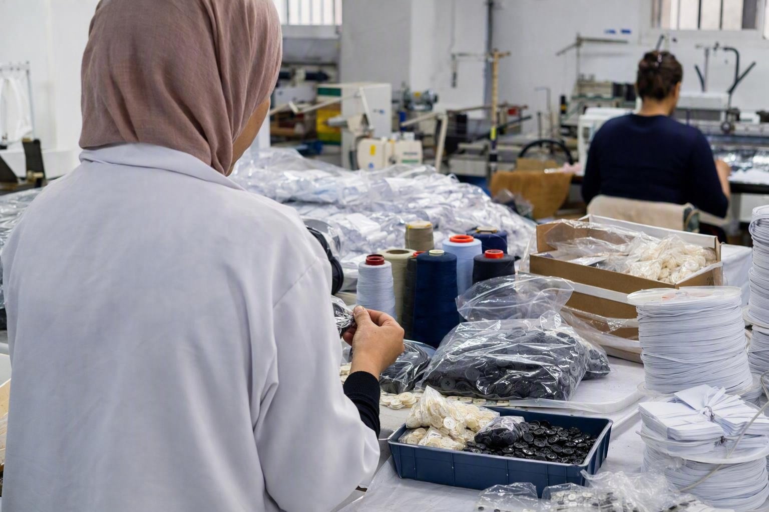Contrôle à réception de boutons, cônes de fil, élastiques, fermetures et étiquettes avant leur distribution dans l’atelier de confection.