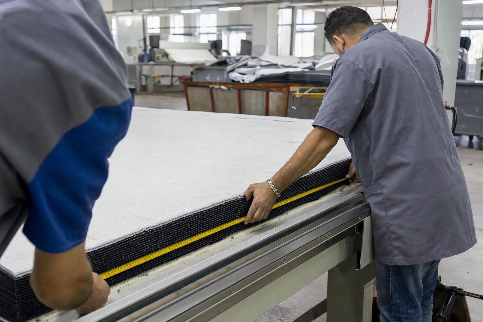 Contrôle des lisières, de la tension et de la hauteur d’un matelas textile avant le lancement de la coupe.