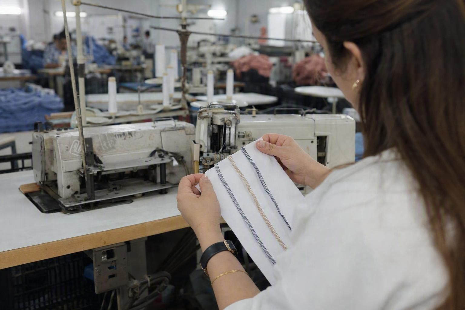 Contrôle en atelier d’une piqûre 301, d’une chaînette 401 et d’un surjet 504 réalisés sur les matières prévues pour la production.