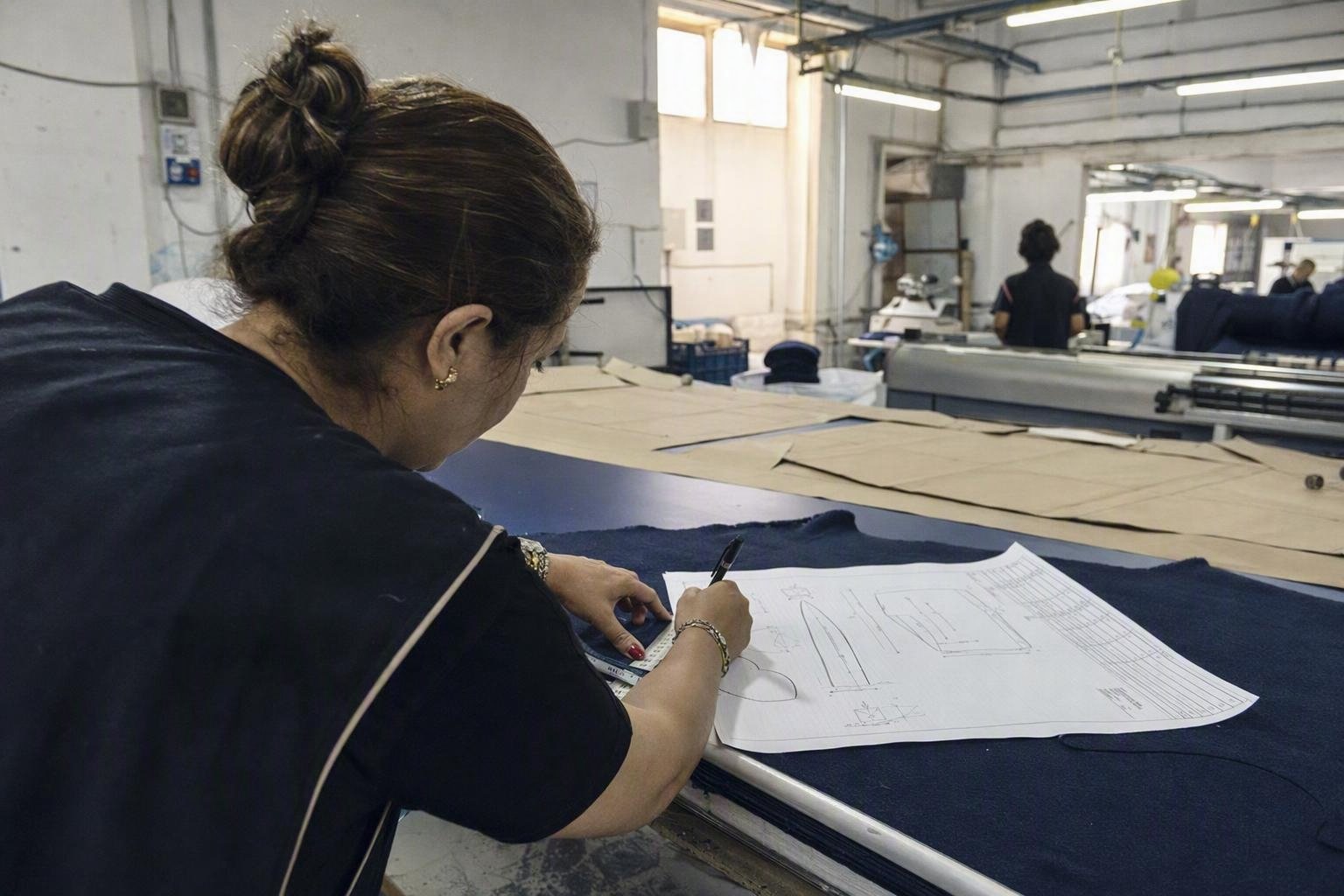 Une technicienne compare les mesures d’un prototype au dossier technique avant la validation écrite et le lancement de la coupe.