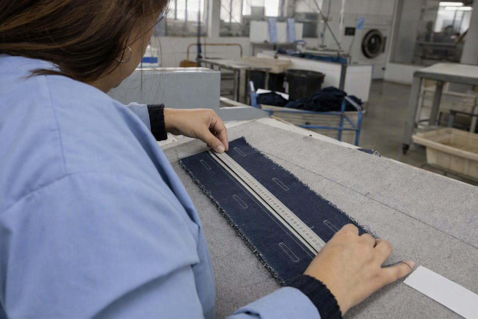 Une technicienne mesure les repères d’une éprouvette textile après lavage afin de comparer les variations en longueur et en largeur.