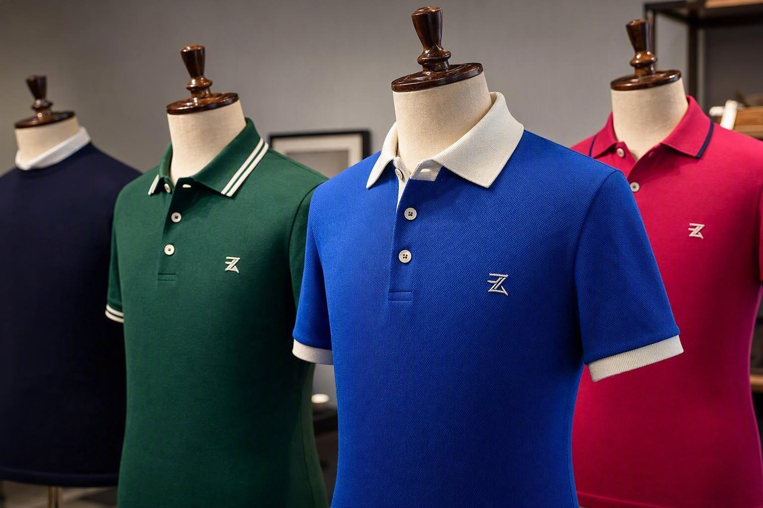 Polos homme en piqué colorés sur mannequins — bleu roi à col contrasté, vert bouteille, framboise — monogramme brodé