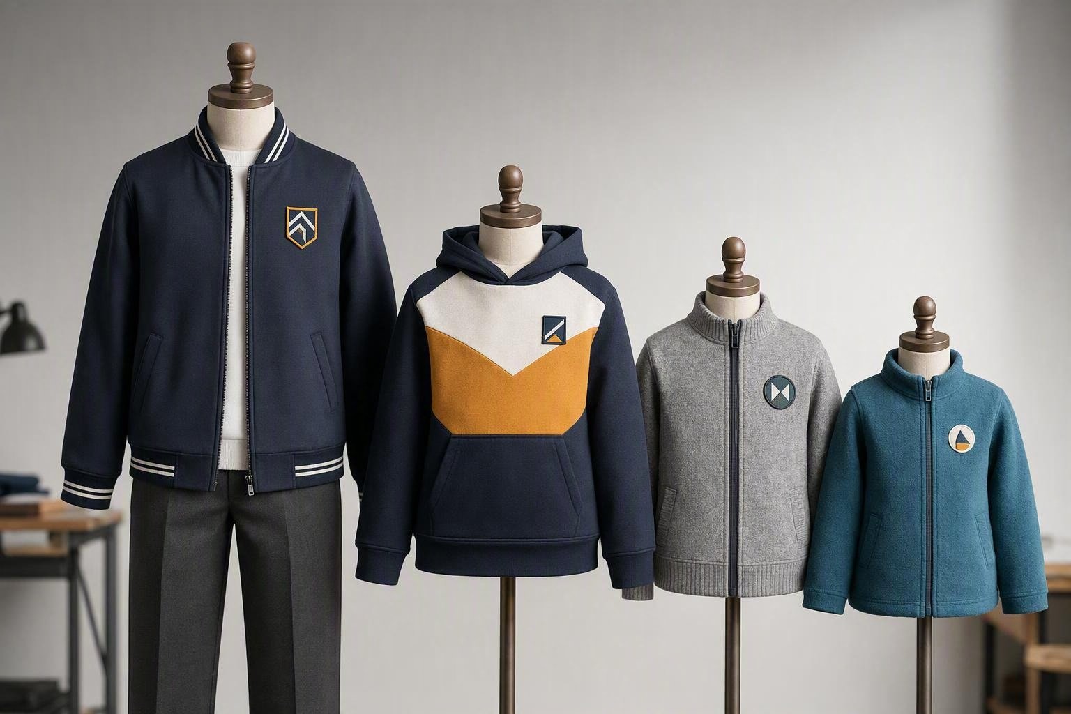 Uniformes scolaires d’hiver contemporains sur mannequins : blouson bomber, sweat à capuche color-block, cardigan zippé, polaire