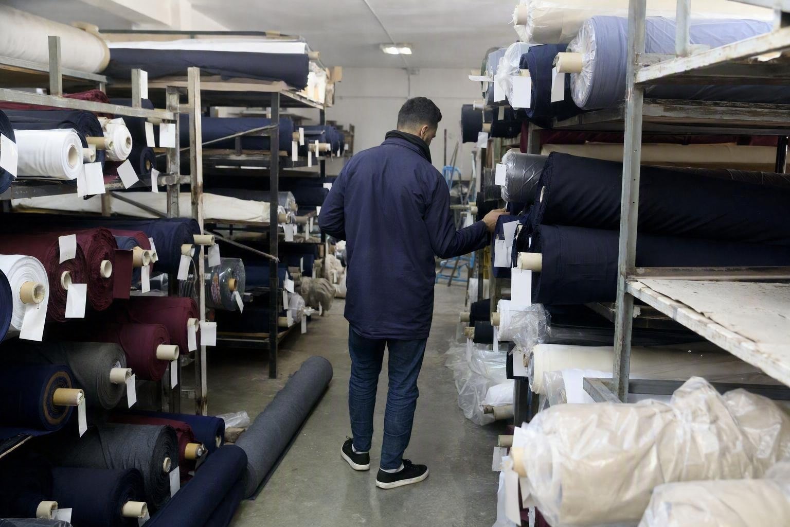Le magasin des matières premières : rouleaux de tissu rangés et identifiés